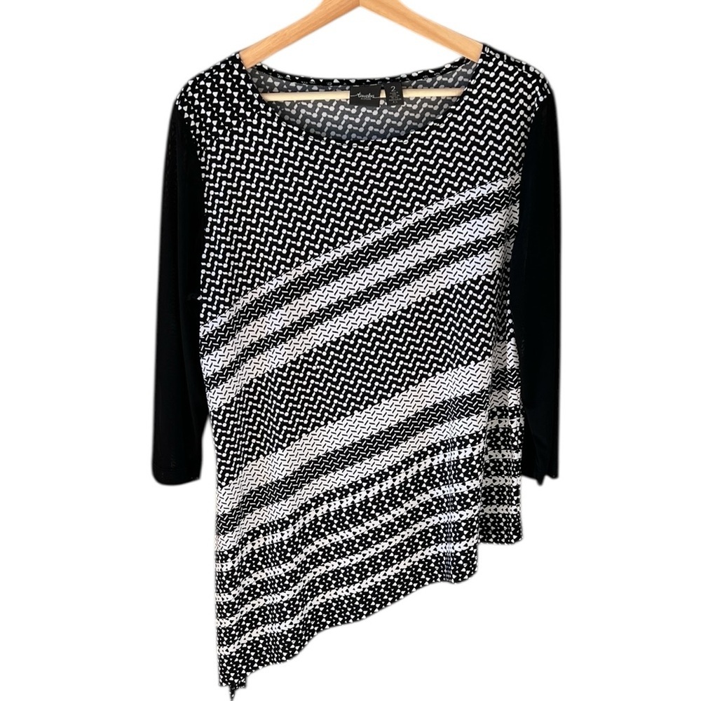 Travelers By Chico’s Sz L Asymmetric Hem Geo Print Sheer Sleeves